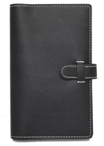 black imitation leather pocket journal with white stitching