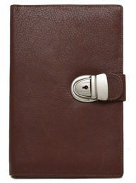 tan leather diary with locking tab closure